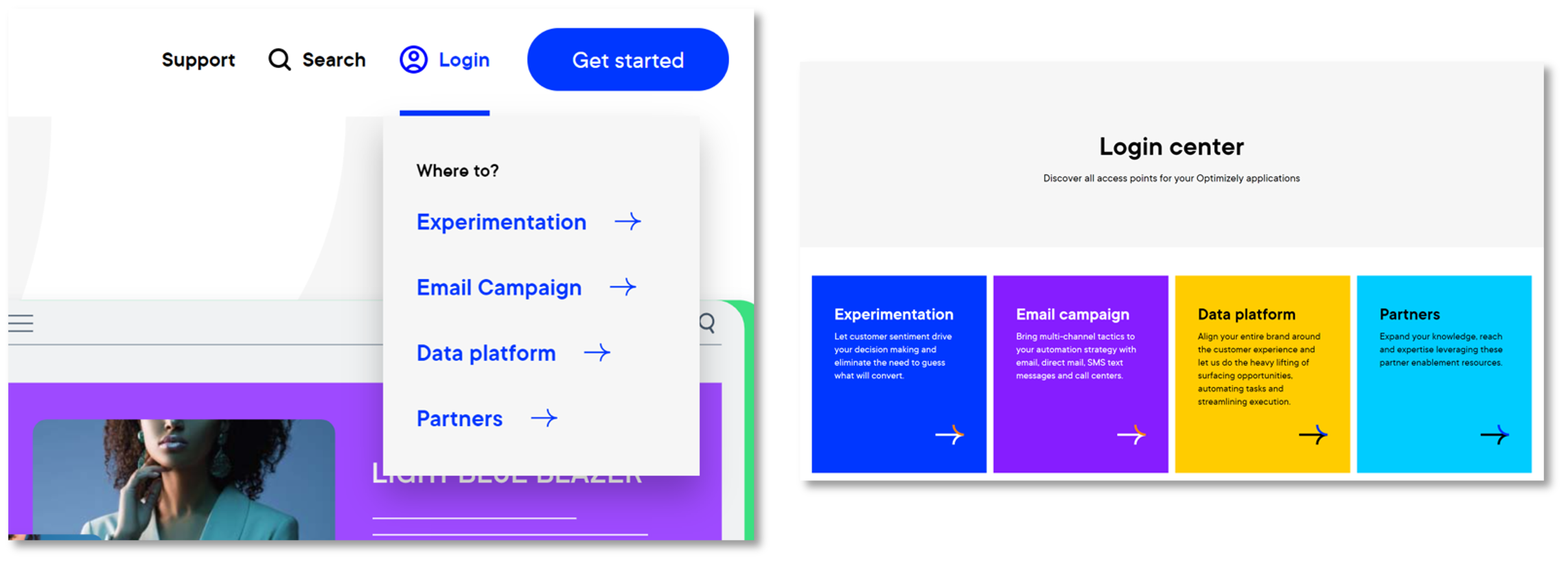 Login menu on optimizely's website