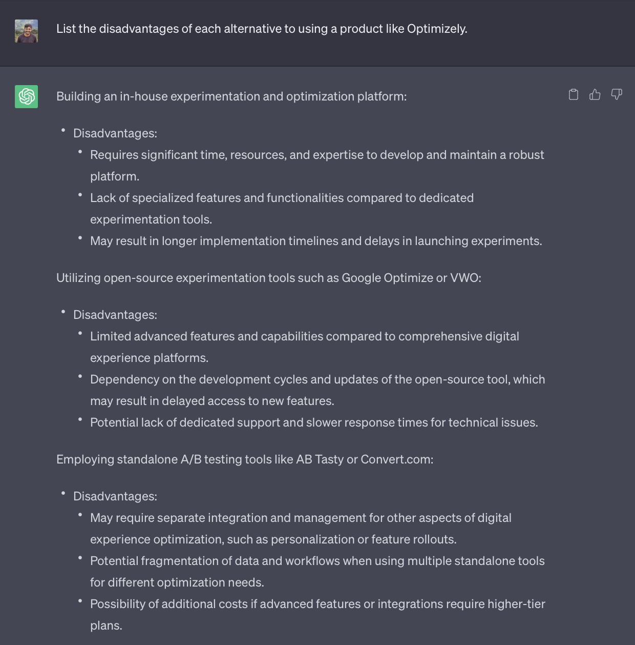 AI-generated output showing the disadvantages of a product